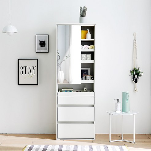 원스홈 클로이 600 전신거울 서랍형 화장대 수납거울, 크림화이트