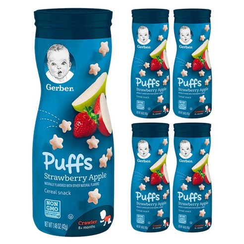 gerber 퍼프 시리얼 스낵 크로어 8+ 먼스 42g, 딸기 + 사과, 5개