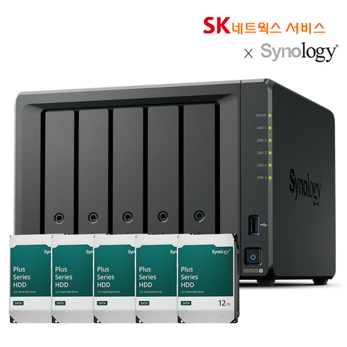 시놀로지 NAS DS1525+ 5베이 2.5GbE 대용량 공유서버 초기설치지원, 60TB (12TB x 5)