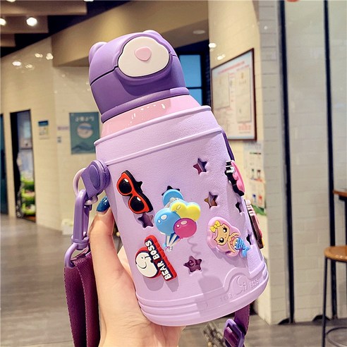 ZZJJC 캐릭터 텀블러 여고 비주얼 아이디어 소변 휴대 빨대 텀블러 홀컵, 뉴 퍼플 600ml 듀얼커버 빨대 브러쉬, 상규격