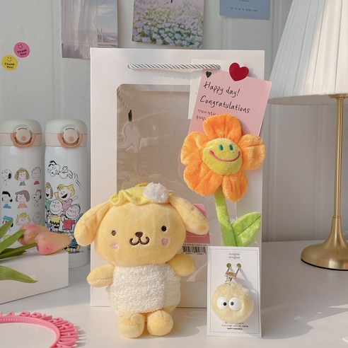 산리오 샤워가운 인형고리 스마일꽃 꽃다발 인형 선물 세트, 샤워가운 폼폼푸린