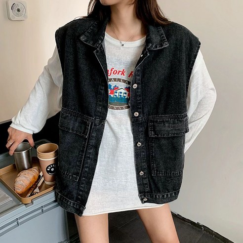 라오농 여성용 루즈핏 민소매 베스트 코트 일반 칼라 데님 조끼
