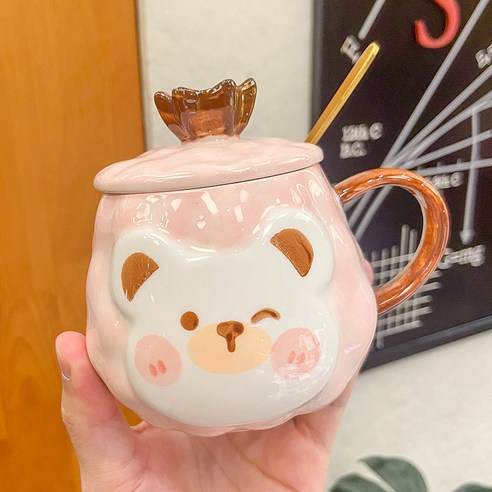 ins한국 귀여운 곰 왕관 세라믹 컵 성격 창조적 인 트렌드 커피 컵 만화 동물 잔, 400ML, 핑크