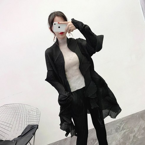 이세이 플리츠 다이아몬드 주름 루즈핏 롱가디건