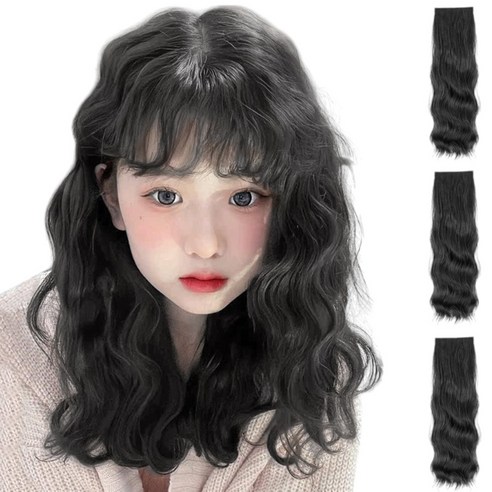 가발위드 붙임머리 단발 숏 히피 붙임머리 반아지오 3피스 세트, 1개, 진한블랙35cm