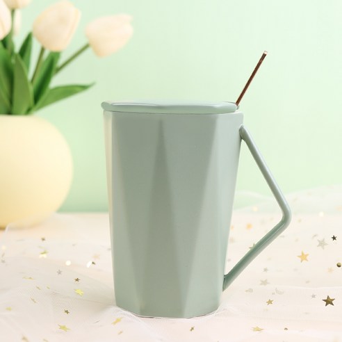 DFMEI.커피잔.Coffee cups.--유럽식 세라믹 커피잔 세트 금은테잎 크리에이티브 6종 세트골자 커피잔 세트숟가락걸이, [스타] 짙은 녹색 400ml 컵 + 뚜껑 + 숟가락