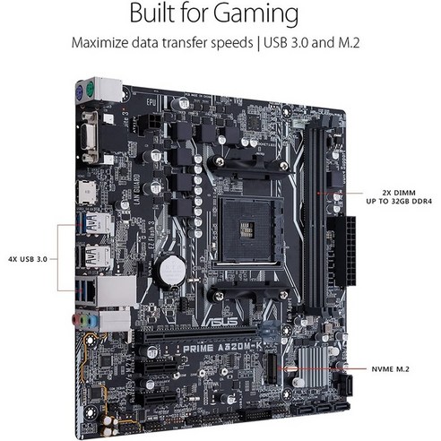 ASUS 프라임 A320M K 메인보드는 게이머들에게 최적화된 AMD A320 칩셋과 함께 제공되며, DDR4 3200MHz를 지원하고 최대 32GB의 램 용량을 갖추고 있습니다.