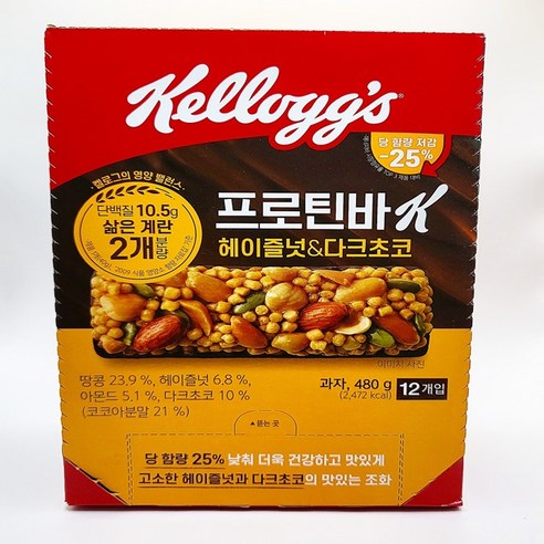 켈로그 프로틴바K 헤이즐넛 다크초코 40g x 12개, 단품