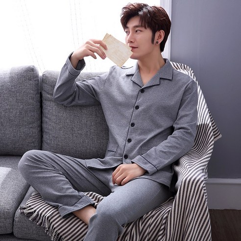 smy잠옷 남성용 봄 가을 순수한 코튼 카디건 한국형 투피스 정장 캐주얼 긴팔 가을과 겨울 홈