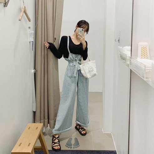 떳다그녀 베리 와이드 멜빵 데님 팬츠