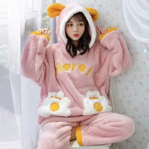 [플러시] 겨울 양털 안감 포켓 여성 잠옷 학생 따뜻한 귀여운 편안한 홈웨어