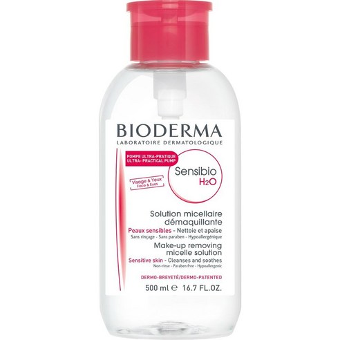 Bioderma - Sensibio H2O 펌프 - 미셀라 워터 - 클렌징 및 메이크업 제거 - 상쾌한 느낌 - 민감한 피부용 500ml (1팩), 1개