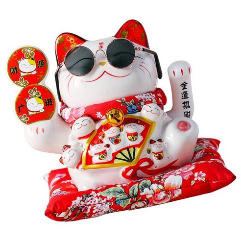 행운의 고양이 세라믹 행운의 고양이 흔들며 행운 환영 고양이 행운을 빕니다 중국 풍수 홈 오피스 장식, 통화 선글라스