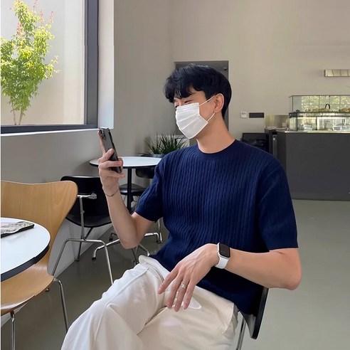 ANYOU 남자 머슬핏 꽈배기 반팔니트 반팔티 어깨넓어보이는 남자니트