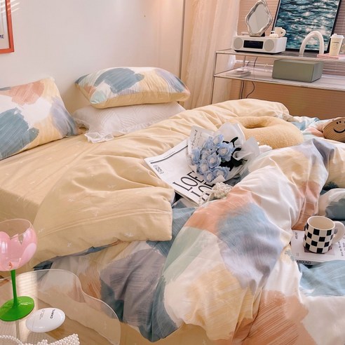 한풍 스트라이프 낙서 순면 4종 세트 심플한 면 기숙사 3종 세트 상큼하다 1.5m침대 시트, 그라데이션 공간