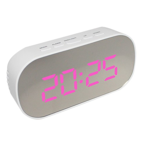 SJSHOP LED 대형 스크린 머리맡의 알람 시계 디지털 시계, 화이트 프레임 핑크 빛, 설명
