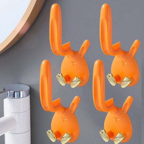 귀여운 무타공 토끼 칫솔 컵 걸이 거치대 양치 꽂이 홀더, 4개, 오렌지