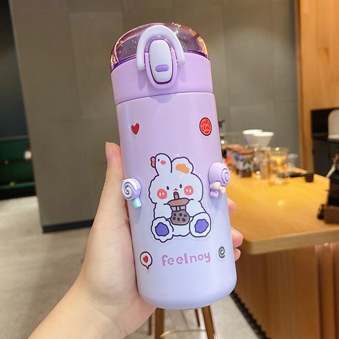 귀여운 일본계 버클 보온컵 여성 고안치 304 스테인리스강 물컵 휴대용 심플한 ins컵, [보라색] + 랜덤 스티커+랜덤 액세서리, 340ml