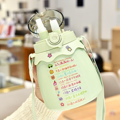 [LM] Kawaii 점보 파스텔 스티커 보온병 스테인레스 스틸 보온병 타임 마커 선물, {"크기":"800ml"}, Green