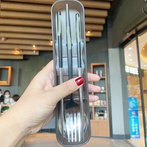 ZZJJC 스텐 스푼 포크 수저 케이스 3종 세트 동반 반죽 도시락 식사도구를 갖추기, 블랙실버 쓰리피스(현물)