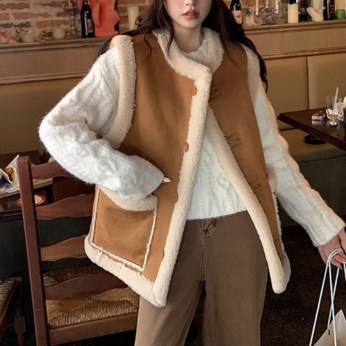 POMTOR 여성 가을 무스탕 베스트 포근한 양털 더블 버튼 오버핏 캐주얼 레이어드 조끼