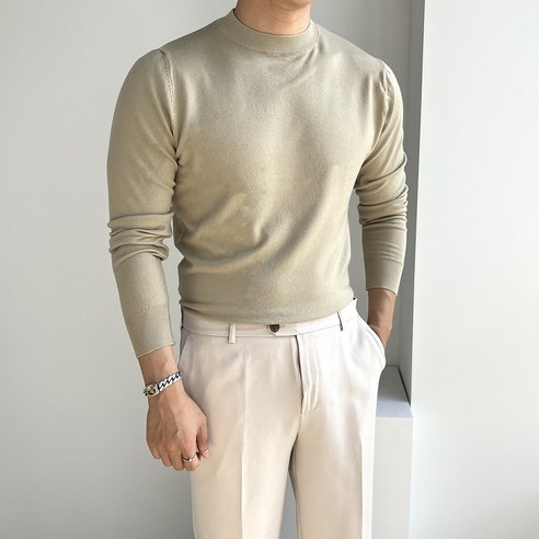 로니제이 남자 기본핏 머슬핏 부드러운 무지 라운드 니트