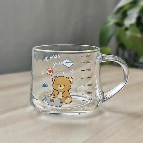 유리컵 빨대 우유 아침컵 귀엽다 만화 눈금 컵 덮개 숟가락 선물 글씨, 301-400ml, 380ml 컴퓨터