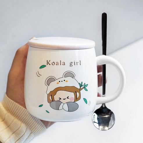 여자를위한 뚜껑 세라믹 마시는 컵이있는 귀여운 머그잔 높은 색상 가치 커피 컵 가정용 뚜껑, 회색 [뚜껑이있는 숟가락] 380ML