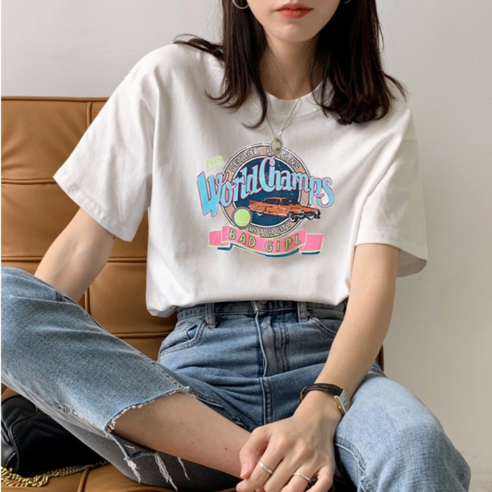 DADADA 여성 라운드 반팔티 면 프린팅 반팔티 1p