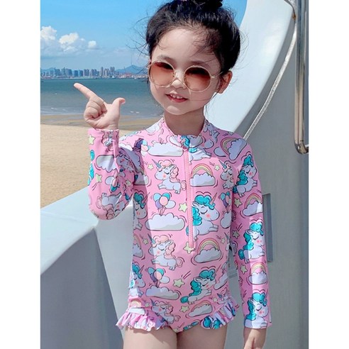 헤이미니미 두돌 아기 수영복 유아 래쉬가드 여아 원피스 유니콘 프린팅 수영복