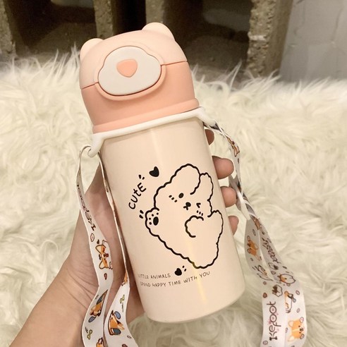 짚 보온병 컵 귀여운 높은 찾고 새로운 스타일 컵 간단한 학생 보온병 컵 휴대용, 색깔3, 표준 [싱글 컵 + 밀짚]