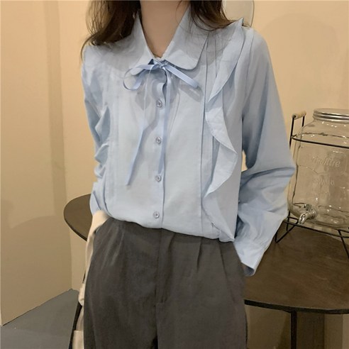 KORELAN 가을 새로운 프랑스 복고풍 프릴 디자인 감각 긴팔 셔츠 단색 레이스 업 셔츠 여성 조수