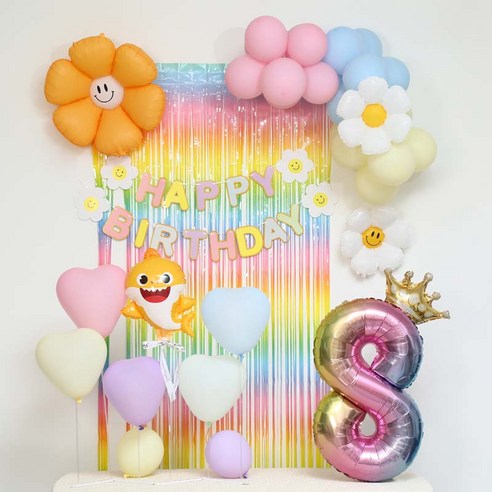 [피앤비유니티]스마일데이지 풍선스탠드 생일장식커튼세트 펌프포함, 1세트, 30-8)아기상어 마카롱커튼세트 8