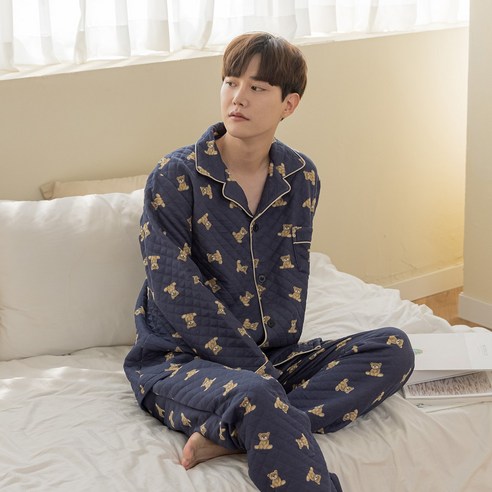 퀄팅 누빔 곰돌이 커플 잠옷 상하의 세트