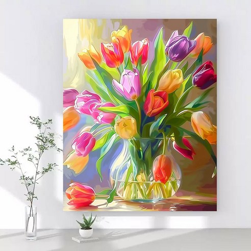 보석십자수 캔버스형 DIY 액자형 40x50cm 3D 대형 다이아몬드페인팅 그림 구슬십자수 행운 거실 인테리어 그림, 1개, 10 튤립 꽃병