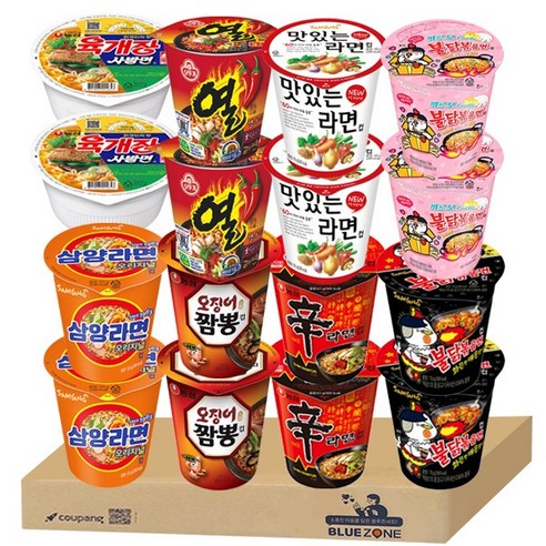 블루존 소컵라면 8종 16개입B (육개장사발면2 신라면2 오징어짬뽕2 열라면2 불닭2 까르보불닭2 삼양 맛있는라면), 1세트