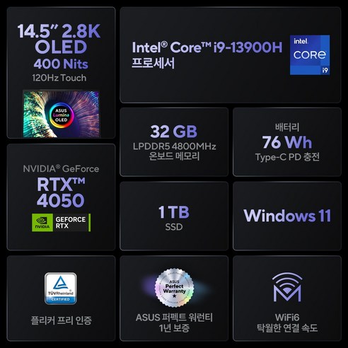 ASUS 젠북 프로듀오 UX8402VU-P1028W 스크린패드 인텔13세대 i9/RTX4050/램 32G/1TB/윈도우11