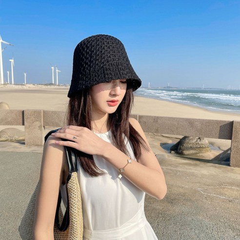 ONAKY 모자녀 봄 여름 심플한 어부 모자 ins 펀칭 통기 니트 물통 모자 패션 비치 썬탠 햇볕 차단 모자, 검정색