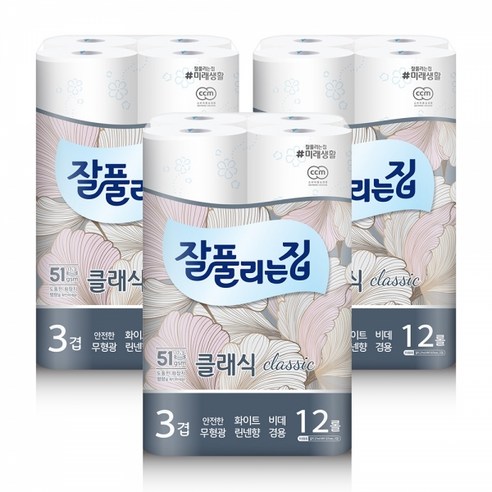 미래생활 잘풀리는집 스마트 클래식 화장지 27M x 12롤 x 3팩, 12개입, 3개