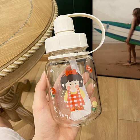 DFMEI 물 컵 컵 여성용 휴대용 여름 고온 투명 유리 컵 짚 컵, DFMEI 소녀, 380ml