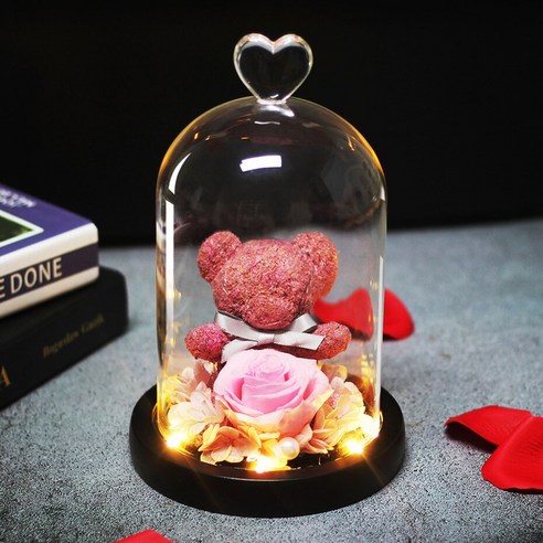 [LOVE MQ] 테디 베어 꽃 영원한 로즈 아름다움과 야수 말린 꽃 유리 돔 웨딩 홈 장식 생일 선물, 하나, 큰 Bear04-Pink