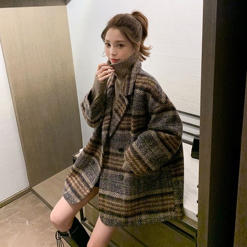 격자 무늬 모직 코트 여성 중형 한국 스타일 가을 겨울 느슨한 복고풍 칼라 작은 캐시미어 모직 코트