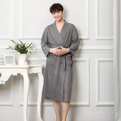 DFMEI-Y 봄 가을 커플 잠옷 여성용 흡수성 목욕 가운 여름 중간 길이의 남성 얇은 목욕 가운 잠옷 착용, S/M 크기 [80-135kg], DFMEI 1601 그레이 남성