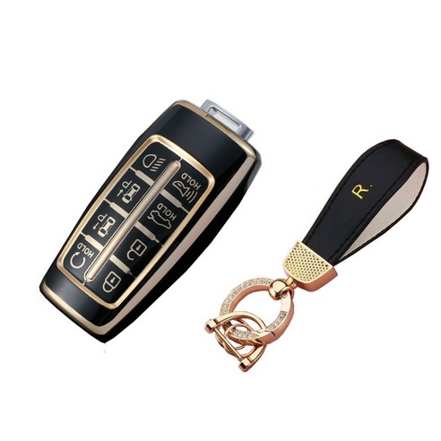 wrikri 제네시스 G80 G70 GV80 GV70 호환 8버튼 키케이스 + 골드 키링, 블랙