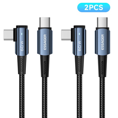 Essager PD 60W C to C타입 엘보 90도 L자형 고속충전 케이블 2개입, 블루, 2개, 1m