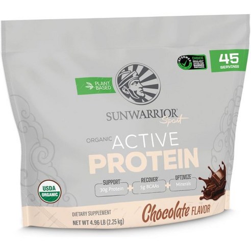 Sunwarrior 맨투맨 쉐이크 헬스 보충제 머신 물병 비건 단백질 파우더 식물 기반 USDA 유기농 BCAA | 1회 제공량당 30g 무설탕 글루텐 프리 Non-GMO 유, Chocolate, 45 Servings