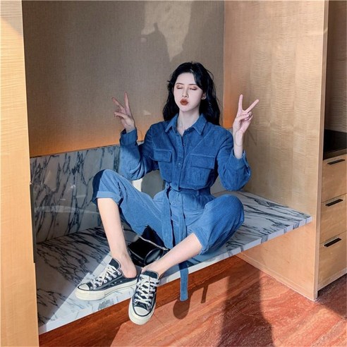 코듀로이 카고 점프수트 여류 와이드 봄가을