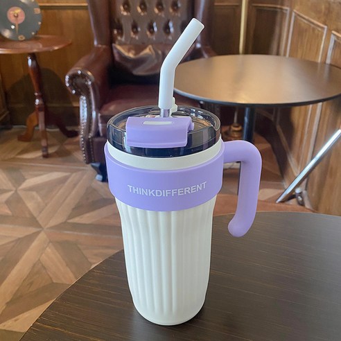 미국 보온병 컵 316 스테인레스 스틸 커피 컵 핸들 짚 얼음 깡패 큰 맥 대용량 물 컵, 그라디언트 화이트 + 3D 아이 스티커, 860ML
