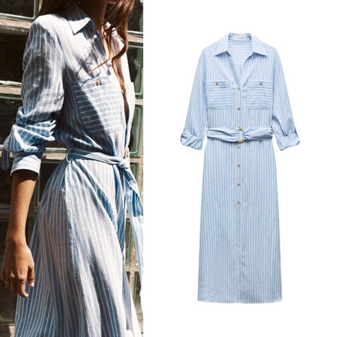 ZARA 여성원피스 데이트룩 링 벨트 린넨 스트라이프 셔츠 드레스