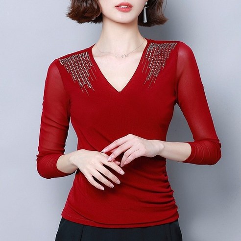 여성 라인 댄스복 상의 긴팔 브이넥 비즈 티셔츠, 3XL, 버건디